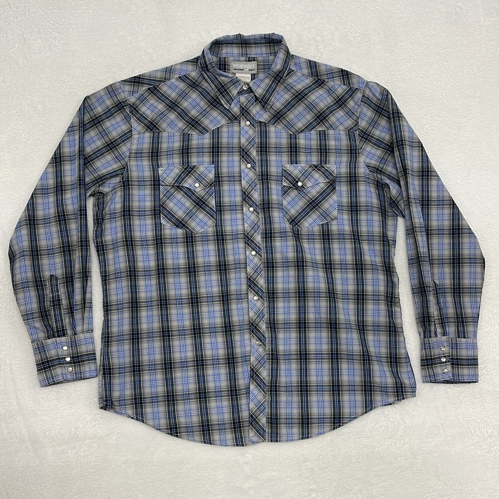 Vtg Wrangler Wrancher Mens Plaidโ Pearl Snap Long Sleeve Shirt Blue Grey sz XL